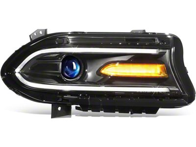 OE Style LED DRL Projector Headlight with Clear Corners; Black Housing; Clear Lens; Passenger Side (15-23 Charger w/ Factory HID Headlights & LED DRL)