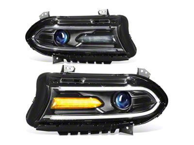 OE Style LED DRL Projector Headlights with Clear Corners; Black Housing; Clear Lens (15-23 Charger w/ Factory HID Headlights & LED DRL)