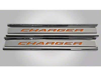 Polished Front Door Sills with Charger Lettering; HEMI Orange (15-23 Charger)