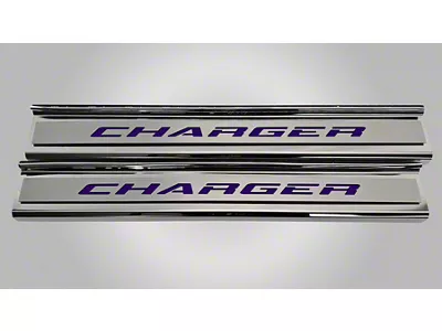 Polished Front Door Sills with Charger Lettering; Plum Crazy (15-23 Charger)