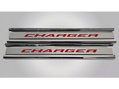 Polished Front Door Sills with Charger Lettering; Red Carbon Fiber (15-23 Charger)