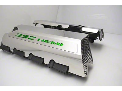 Polished Fuel Rail Covers with 392 HEMI Lettering; Green Carbon Fiber (15-23 6.4L HEMI Charger w/o Shaker Hood)