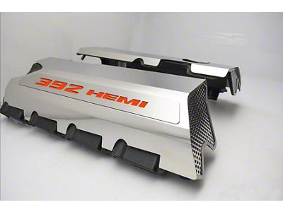 Polished Fuel Rail Covers with 392 HEMI Lettering; Solid HEMI Orange (15-23 6.4L HEMI Charger w/o Shaker Hood)
