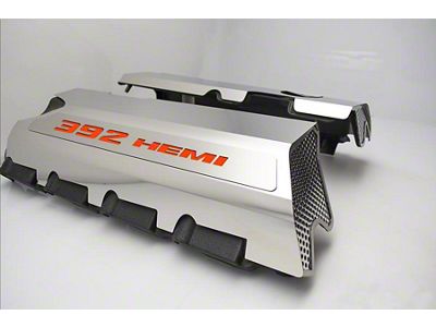 Polished Fuel Rail Covers with 392 HEMI Lettering; HEMI Orange Solid (15-23 6.4L HEMI Charger w/o Shaker Hood)