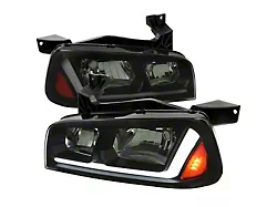 Switchback Sequential LED Bar Factory Style Headlights; Matte Black Housing; Smoked Lens (06-10 Charger w/ Factory Halogen Headlights)