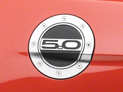 Drake Muscle Cars Competition Series Fuel Door with 5.0 Logo; Silver and Black (15-23 Mustang)