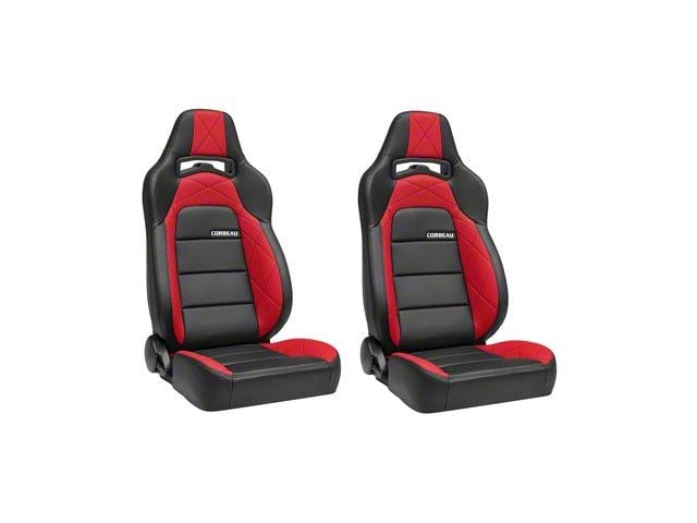 Corbeau Trailcat Reclining Seats with Double Locking Seat Brackets; Black Vinyl/Red HD Vinyl (10-14 Mustang)