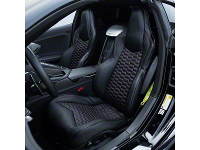 Premium Artificial Leather Seat Covers; All Black with Red Double Hex Stitch Accent Insert (20-26 Corvette C8 w/ GT1 Seat)