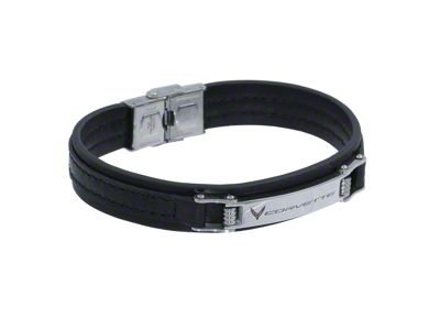 C8 Emblem Black Leather Bracelet; 8-25-Inch