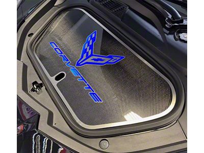 Carbon Fiber/Brushed Frunk Trunk Cover with Blue Illuminated Crossed Flags Insert (20-26 Corvette C8)