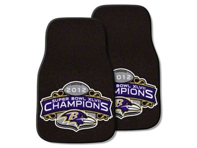 Carpet Front Floor Mats with Baltimore Ravens 2013 Super Bowl XLVII Champions Logo; Black (Universal; Some Adaptation May Be Required)