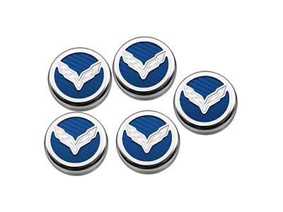 Corvette Flag Style Fluid Cap Covers; Blue Carbon Fiber (14-19 Corvette C7 w/ Automatic Transmission)