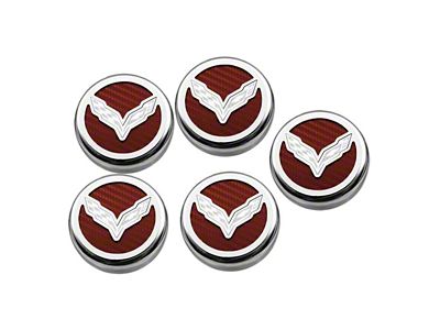 Corvette Flag Style Fluid Cap Covers; Red Carbon Fiber (14-19 Corvette C7 w/ Automatic Transmission)