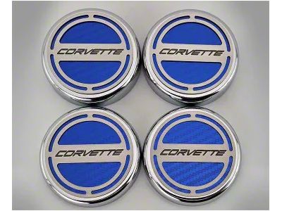 Corvette Logo Fluid Cap Covers; Blue Carbon Fiber (20-25 Corvette C8 Coupe)