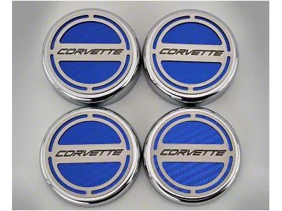 Corvette Logo Fluid Cap Covers; Blue Carbon Fiber (20-24 Corvette C8 Coupe)