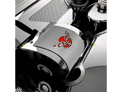 Deluxe Alternator Cover with Cross Flag Logo; Polished and Brushed; Red Carbon Fiber Inlay (97-04 Corvette C5)