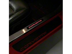 Door Sill Plates with Corvette Flames Logo; Silver; Blue Lighting Kit (05-13 Corvette C6)