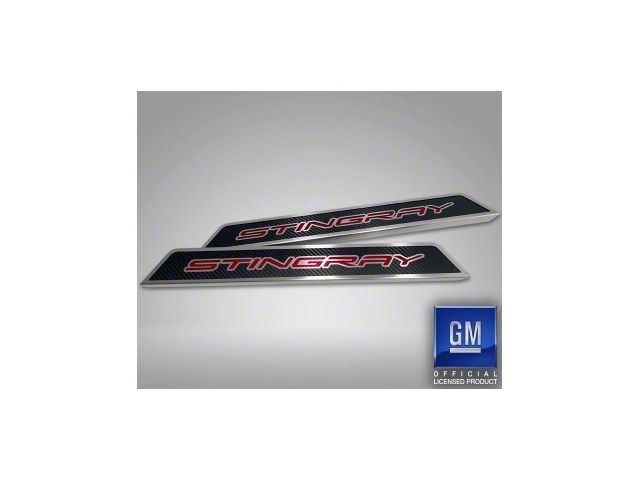 Door Sill Plates with Stingray Style Insert; Red Carbon Fiber (20-24 Corvette C8)