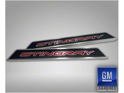 Door Sill Plates with Stingray Style Insert; Red Carbon Fiber (20-24 Corvette C8)