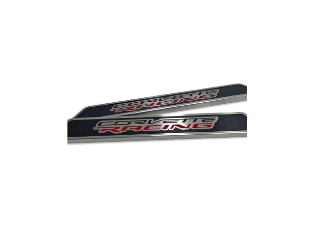 Door Sill Plates with Corvette Racing Style Insert; Carbon Fiber/Brushed Stainless (20-24 Corvette C8 Coupe)