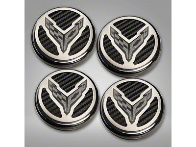 Engine Caps with Crossed Flags Logo; Black Carbon Fiber (20-24 Corvette C8 Coupe)