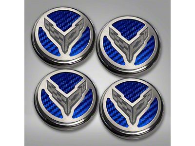 Engine Caps with Crossed Flags Logo; Blue Carbon Fiber (20-24 Corvette C8 Coupe)