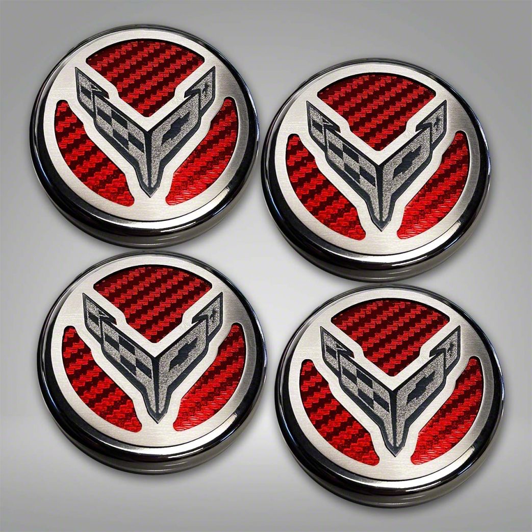 Corvette Engine Caps with Crossed Flags Logo; Red Carbon Fiber (2024
