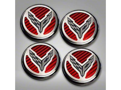 Engine Caps with Crossed Flags Logo; Red Carbon Fiber (20-25 Corvette C8 Coupe)