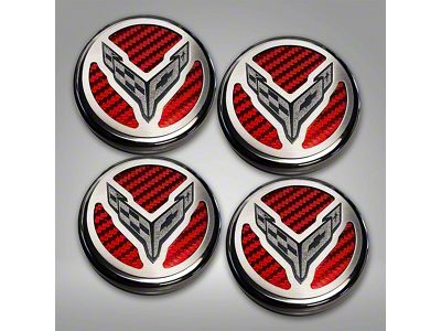Engine Caps with Crossed Flags Logo; Red Carbon Fiber (20-24 Corvette C8 Coupe)
