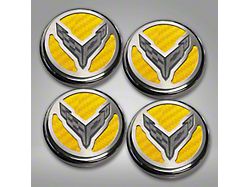Engine Caps with Crossed Flags Logo; Yellow Carbon Fiber (20-24 Corvette C8 Coupe)