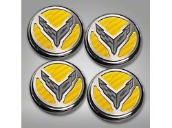 Engine Caps with Crossed Flags Logo; Yellow Carbon Fiber (20-26 Corvette C8 Coupe)