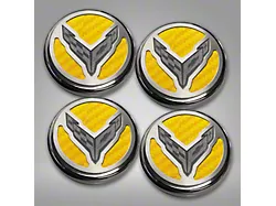 Engine Caps with Crossed Flags Logo; Yellow Carbon Fiber (20-24 Corvette C8 Coupe)
