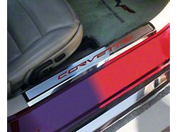 Executive Inner Door Sill Covers with Corvette Lettering; Black Carbon Fiber Inlay (05-13 Corvette C6)