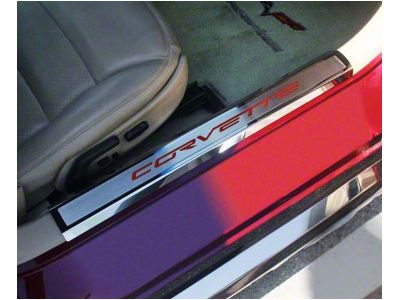 Executive Inner Door Sill Covers with Corvette Lettering; Black Carbon Fiber Inlay (05-13 Corvette C6)