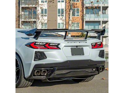 Extended Style High Wing Spoiler; Hydro-Dipped Carbon Fiber (20-24 Corvette C8 w/ Z51 Spoiler)