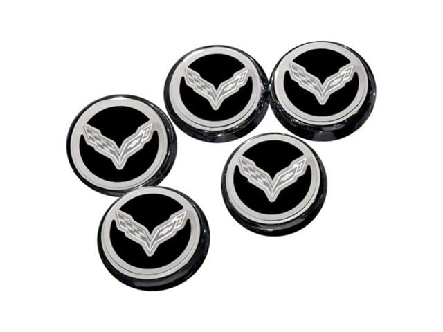 Flag Style Fluid Cap Covers; Brushed Black (14-19 Corvette C7 w/ Automatic Transmission, Excluding ZR1)