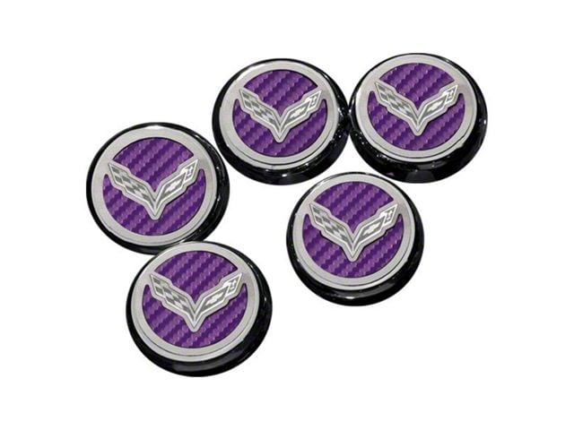 Flag Style Fluid Cap Covers; Purple Carbon Fiber (14-19 Corvette C7 w/ Automatic Transmission, Excluding ZR1)