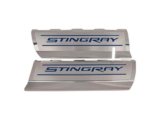 Fuel Rail Covers with Stingray Logo; Dark Blue Inlay Solid (14-19 Corvette C7)