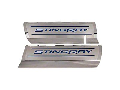 Fuel Rail Covers with Stingray Logo; Solid Dark Blue Inlay (14-19 Corvette C7)