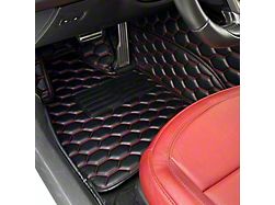 Honeycomb Leather Floor Mat Liners; Black with Black Stithcing (14-19 Corvette C7)