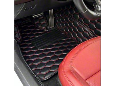Honeycomb Leather Floor Mat Liners; Black with Black Stithcing (14-19 Corvette C7)