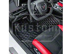 Honeycomb Leather Floor Mat Liners; Black with Black Stithcing (20-26 Corvette C8)