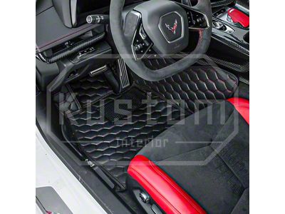 Honeycomb Leather Floor Mat Liners; Black with Black Stithcing (20-26 Corvette C8)