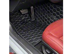 Honeycomb Leather Floor Mat Liners; Black with White Stithcing (14-19 Corvette C7)
