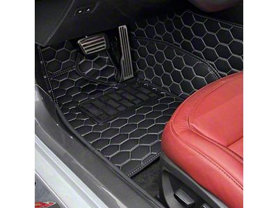 Honeycomb Leather Floor Mat Liners; Black with White Stithcing (14-19 Corvette C7)
