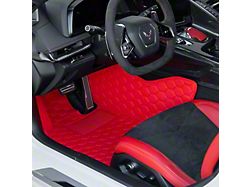 Honeycomb Leather Floor Mat Liners; Red with Red Stitching (20-26 Corvette C8)