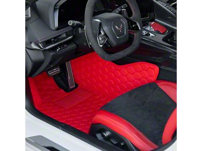 Honeycomb Leather Floor Mat Liners; Red with Red Stitching (20-26 Corvette C8)