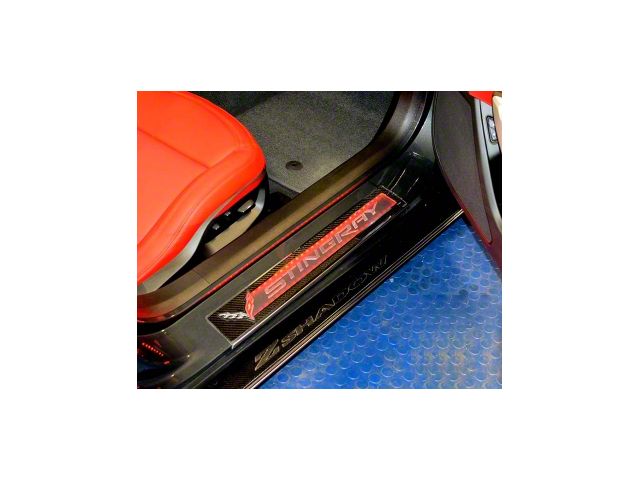 Illuminated Carbon Fiber Door Sill Overlays with Stainless Trim; Red LED (14-19 Corvette C7 Stingray)