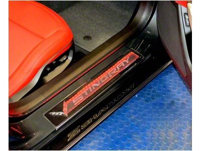 Illuminated Carbon Fiber Door Sill Overlays with Stainless Trim; Red LED (14-19 Corvette C7 Stingray)