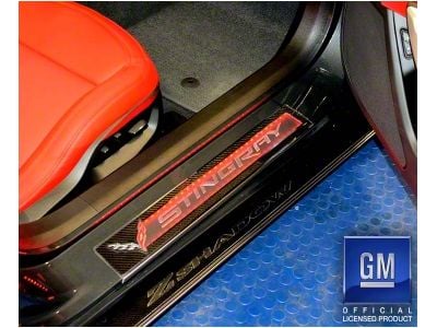 Illuminated Carbon Fiber Door Sill Plate Overlays with Stainless Trim; Blue LED (14-19 Corvette C7)